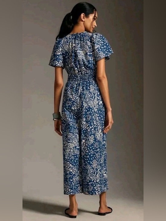 by Anthropologie The Somerset Wide Leg Jumpsuit Size XL Blue White Floral Casual - Picture 6 of 16